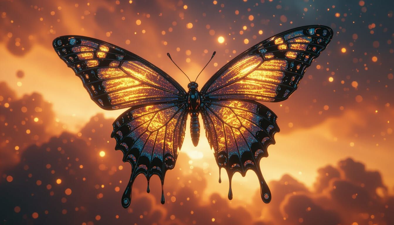 Biomechanical Butterfly with Metallic Wings over Glowing Neb...