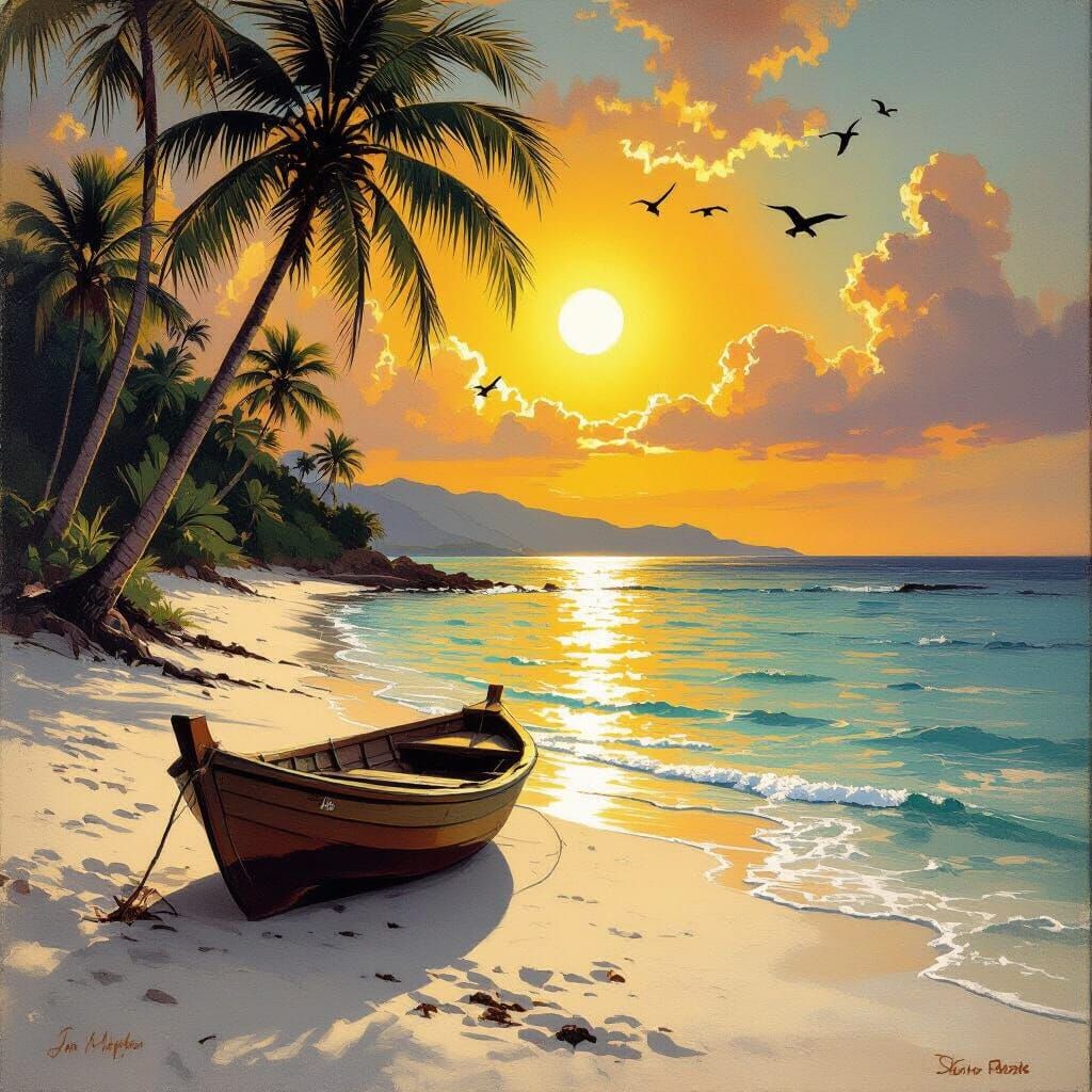 Tropical Beach Sunset with Golden Reflections as Soft Painti...
