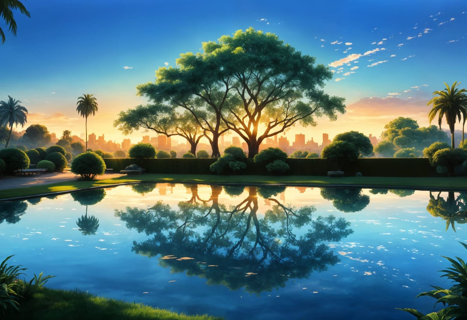 Serene City Park Oasis with Ethereal Pool Reflection