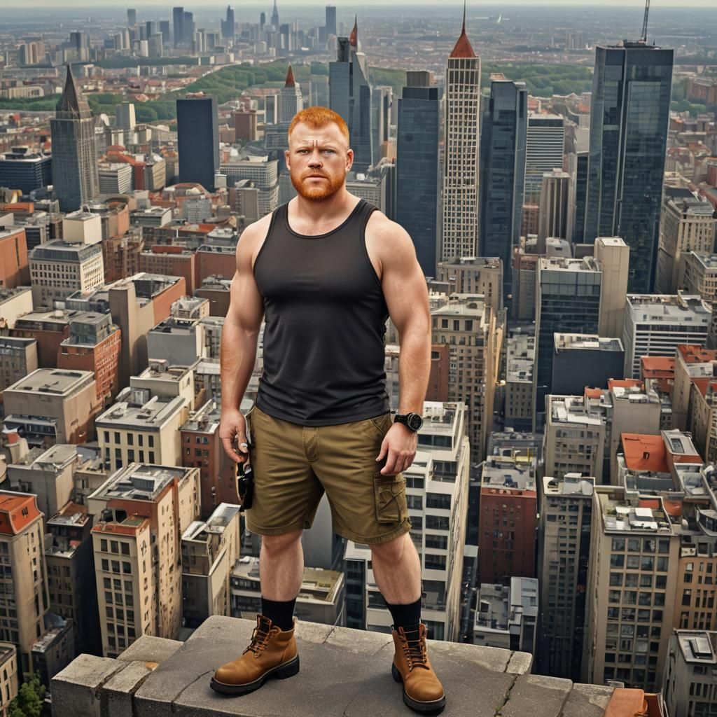 Handsome ginger man standing on an amazing viewpoint