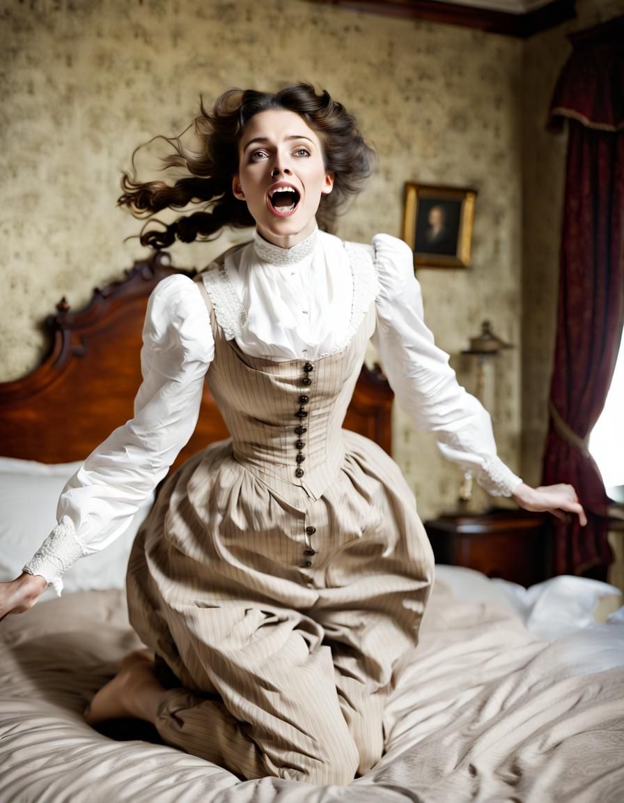Victorian Woman Jumping on Bed Portrait