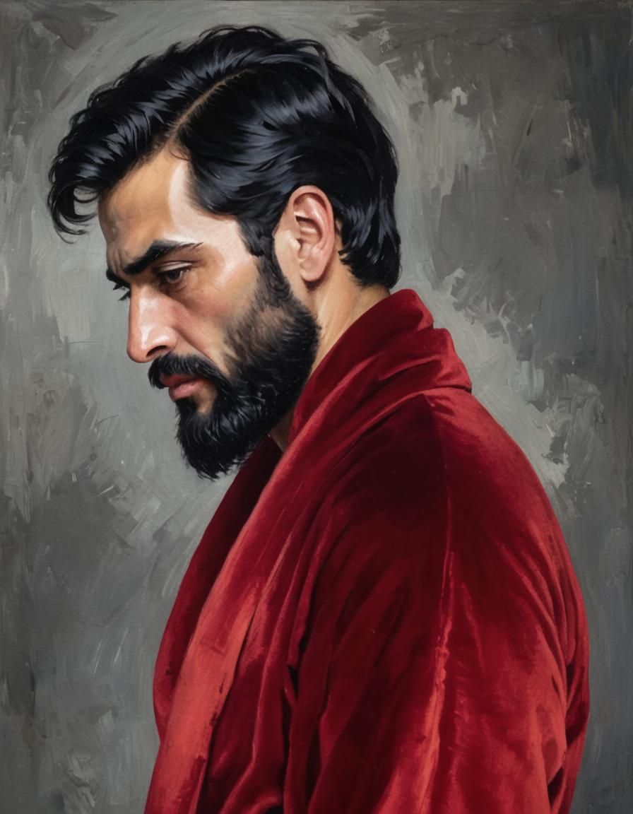 Handsome Man in Red Bathrobe: Impressionist Digital Art