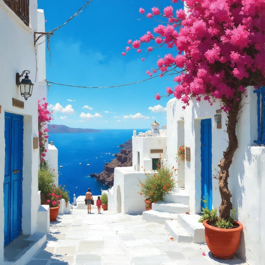 Santorini Street Storybook Illustration in Pastel Hues