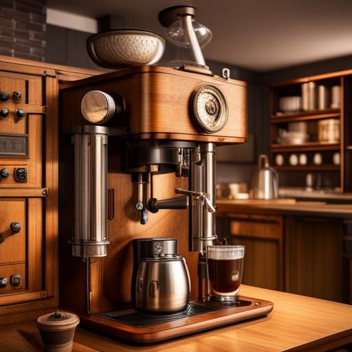 Steampunk Coffee Maker in Cozy Kitchen