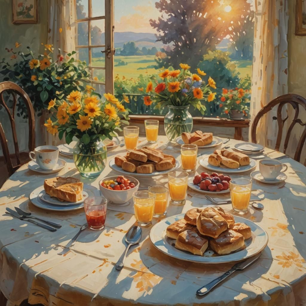 Impressionistic Gouache: Family Breakfast in Golden Light