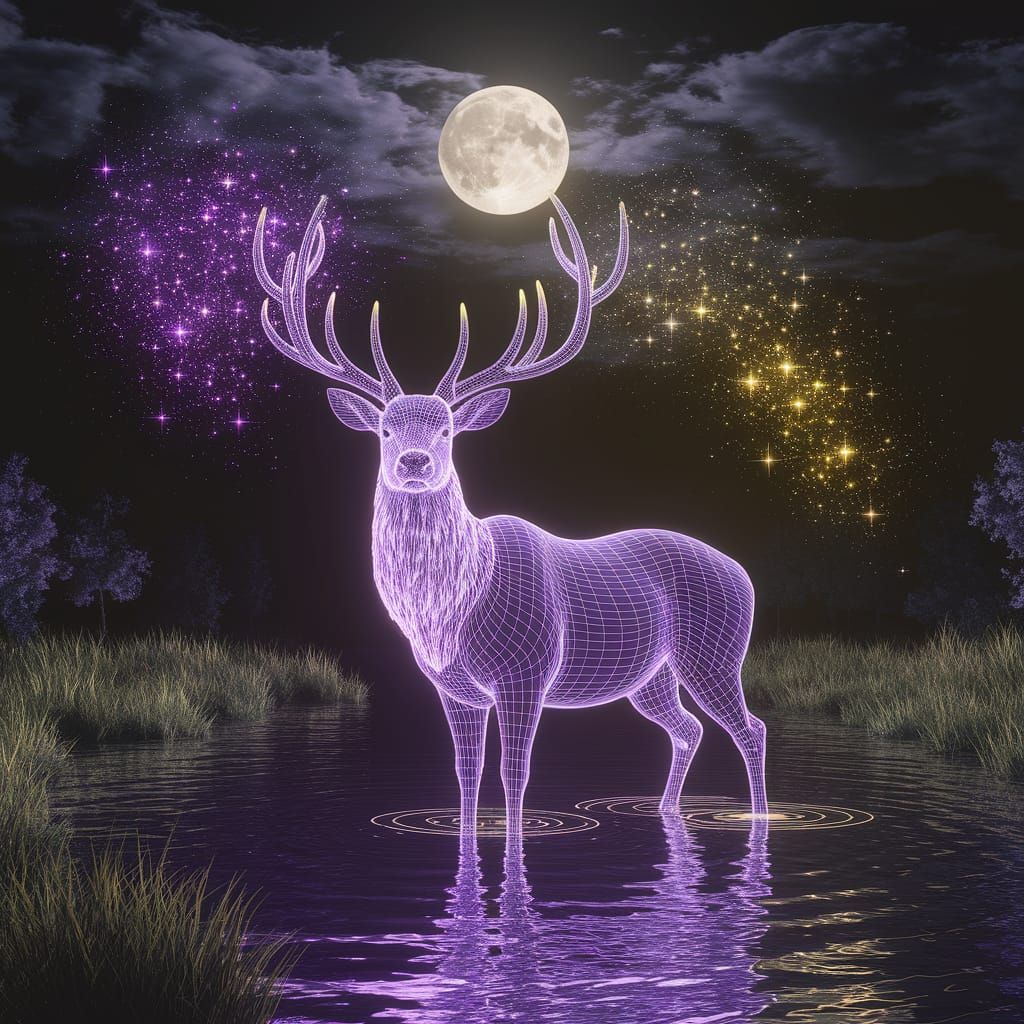 Luminous Stag in Moonlit Lake, Art Nouveau