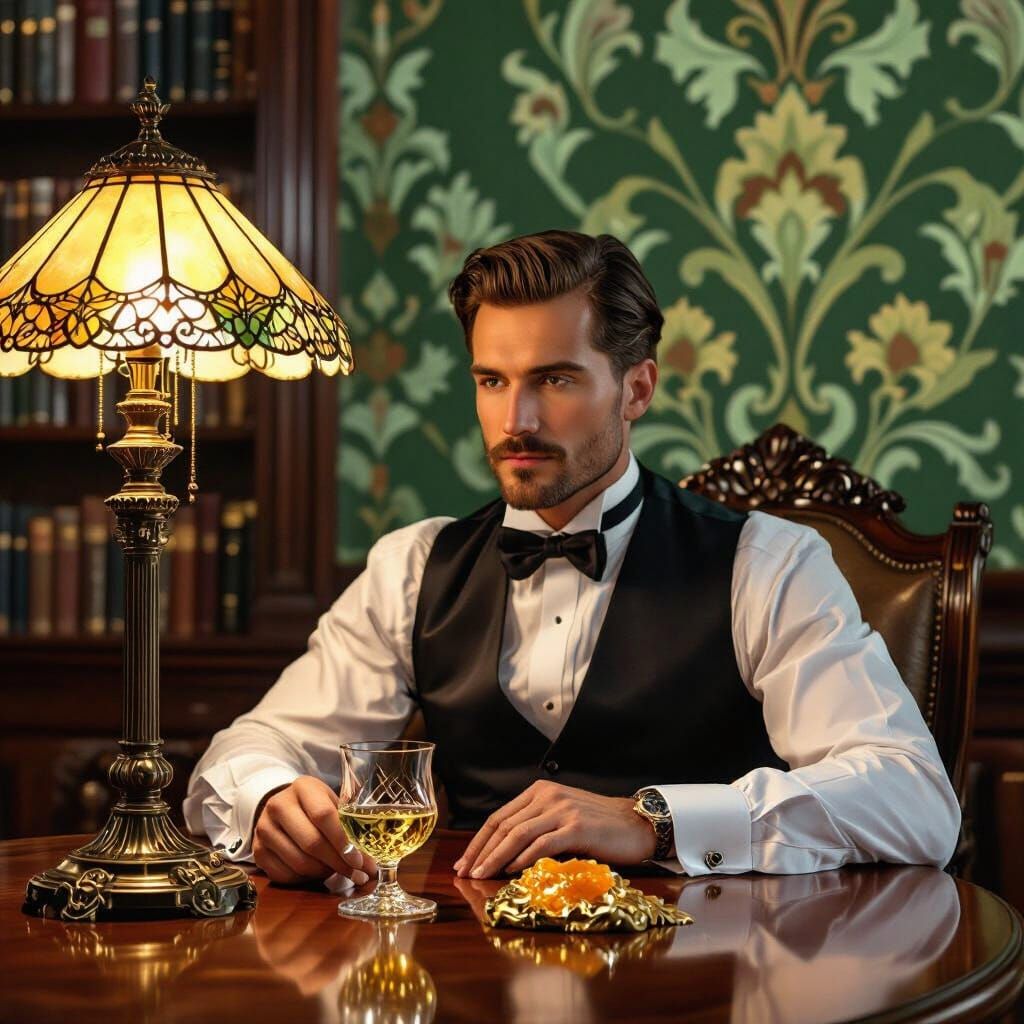 Elegant Gentleman in Library with Art Nouveau Lamp