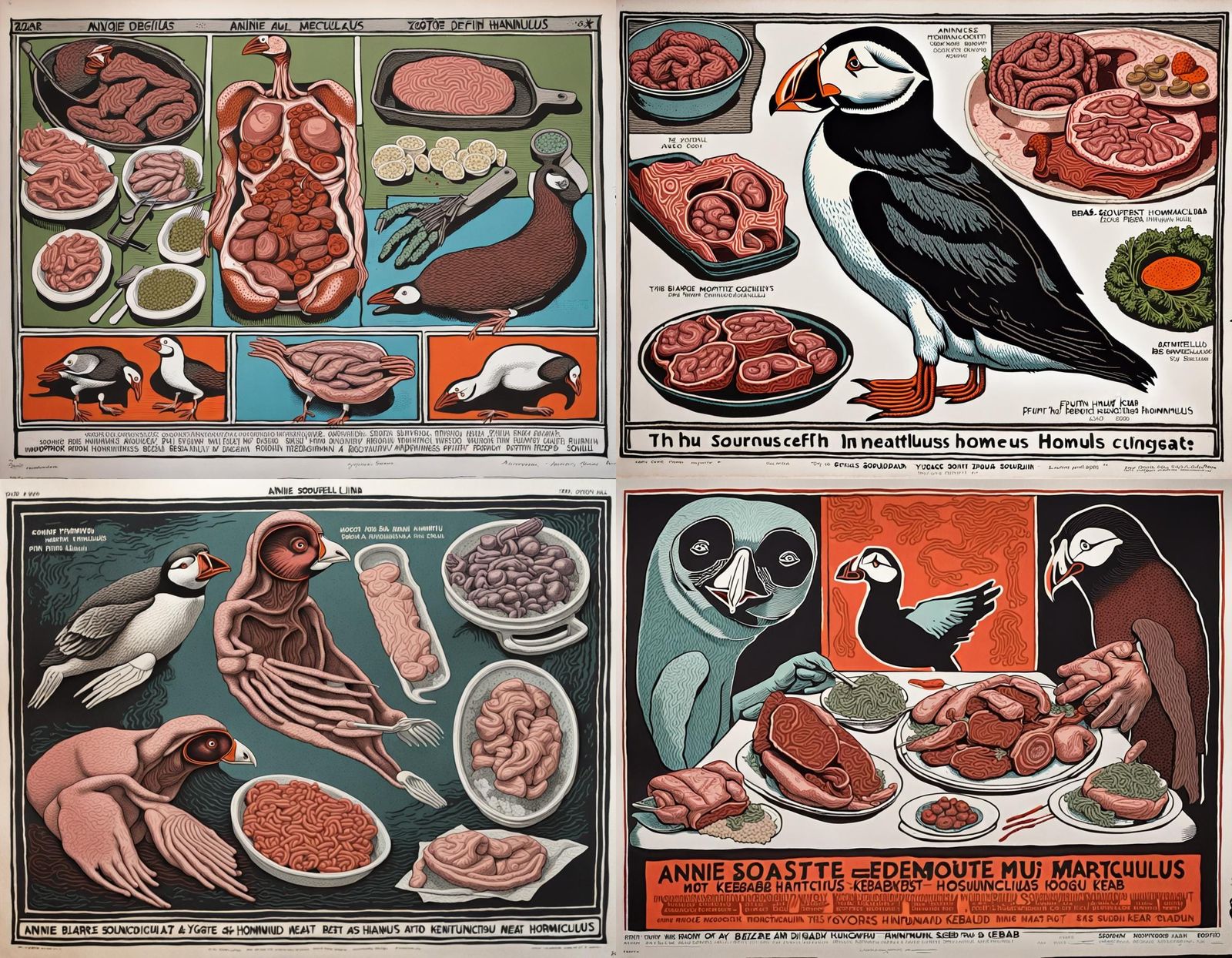 Bizarre Puffin Creature in 1970s Horror Linoprint
