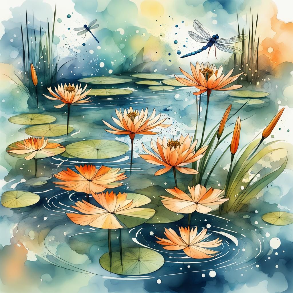 Japanese Pond with Crystalline Dragonflies, Watercolour Sket...