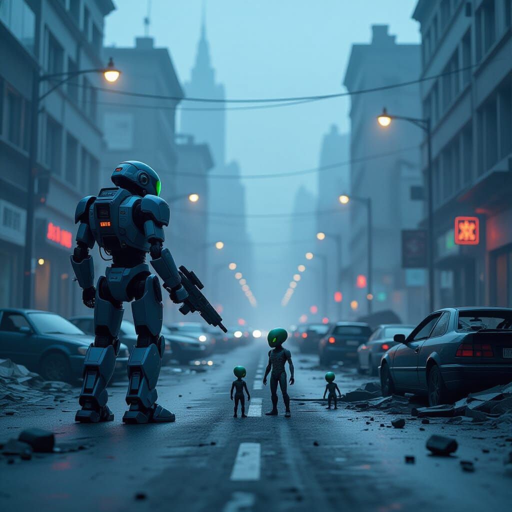 Robots and Aliens in a Ruined City Street