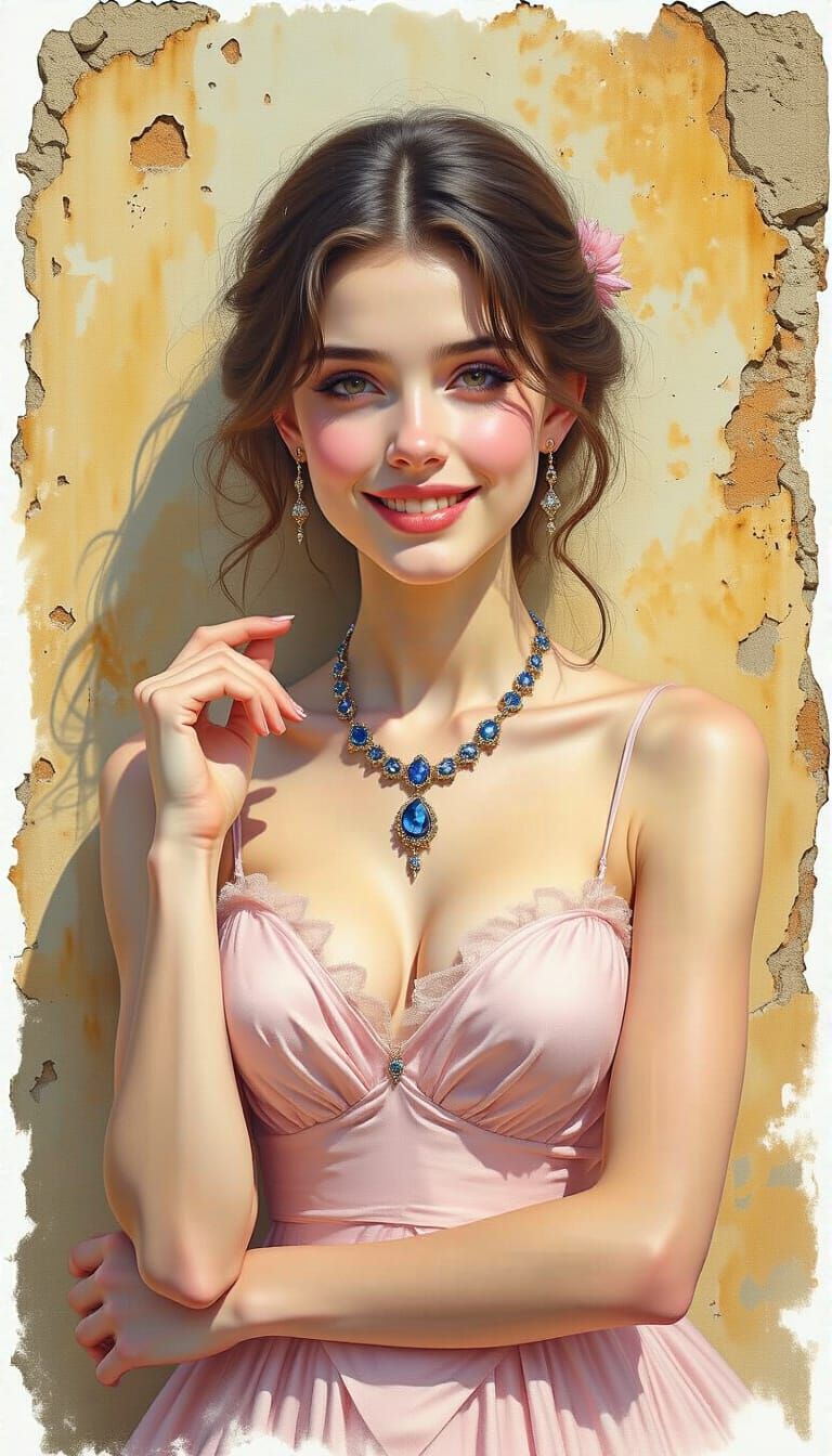 Radiant Woman in Sapphire Necklace, Hyperrealistic Watercolo...