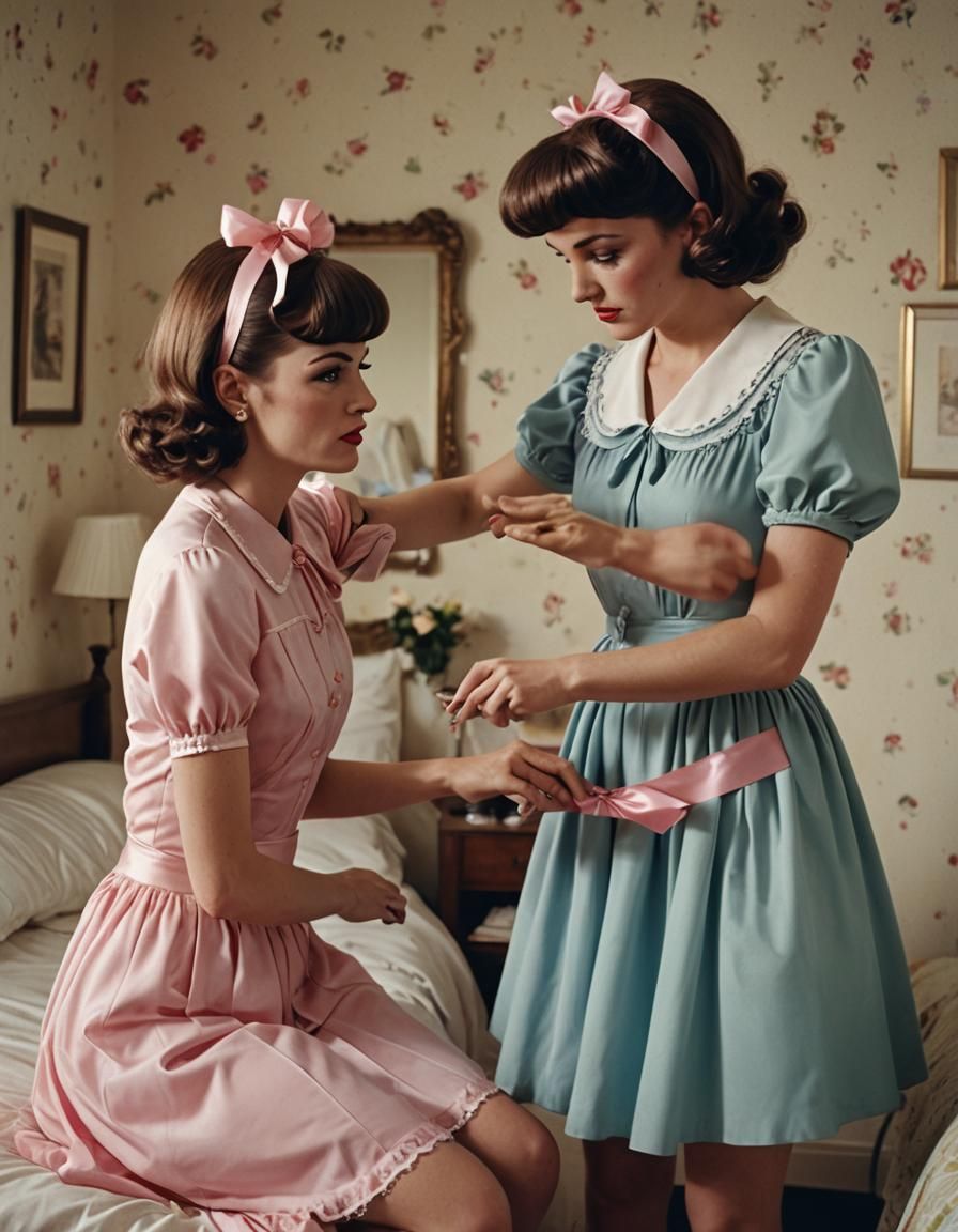 Woman Adjusts Ribbon on Young Person, Cinematic Still