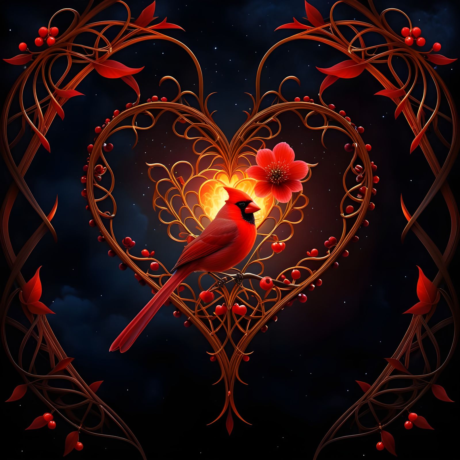 Burning Heart with Cardinal: Surreal Abstract Art