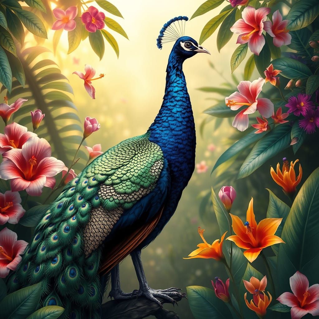 Luxurious Peacock Amidst Tropical Paradise in Classical Real...