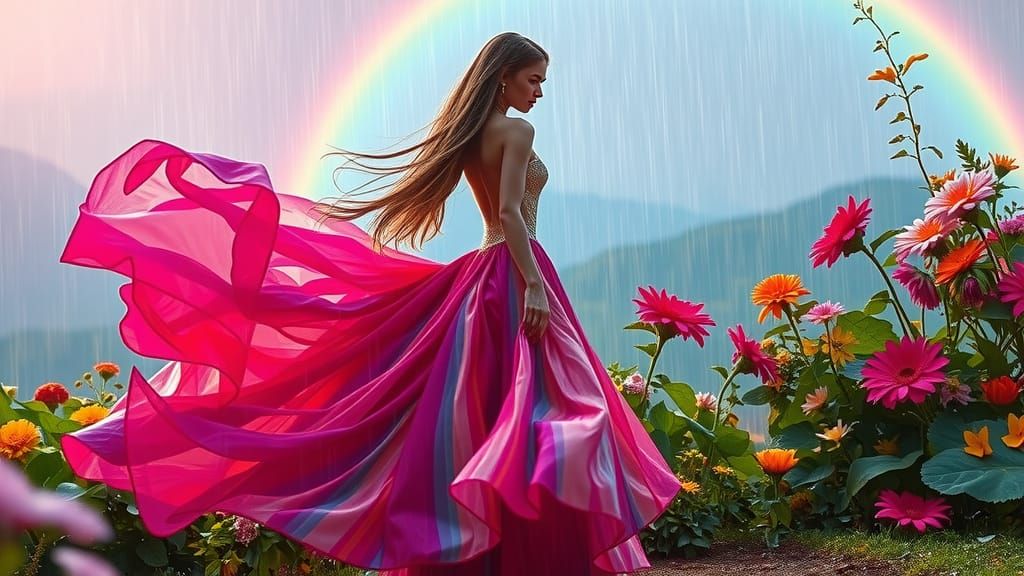 Woman Dancing in Rainy Neon Synthwave Landscape