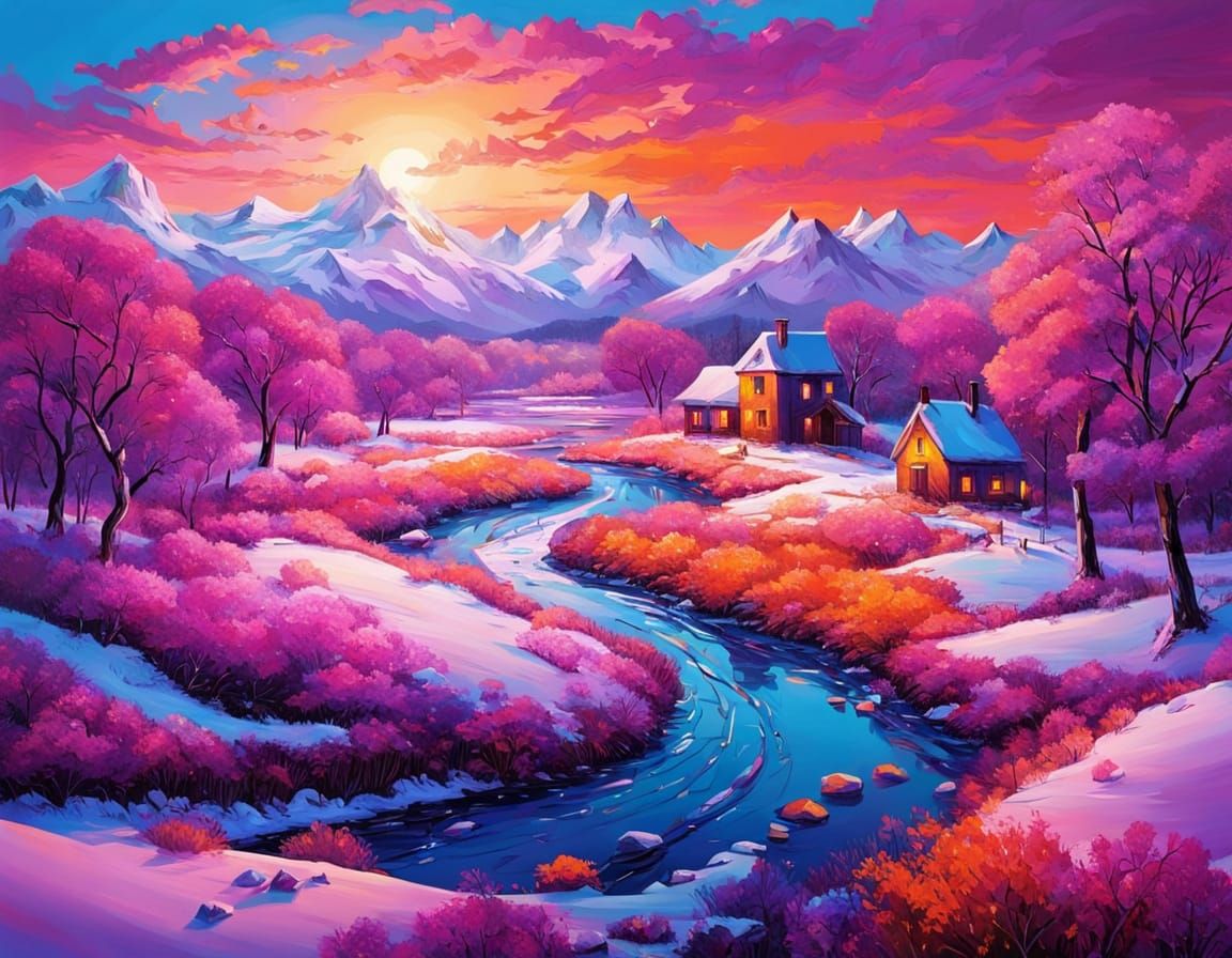 Vivid Winter Landscape at Sunset with Cozy House