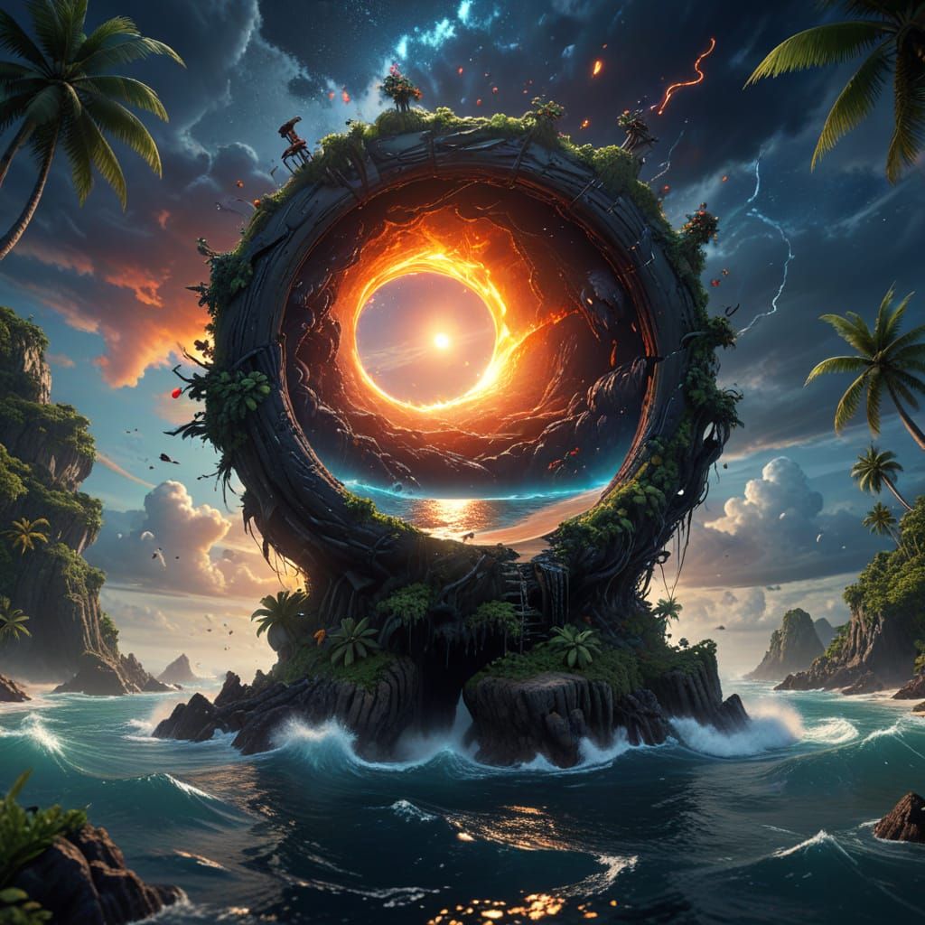 Ethereal Tropical Oasis Consumed by Cosmic Vortex