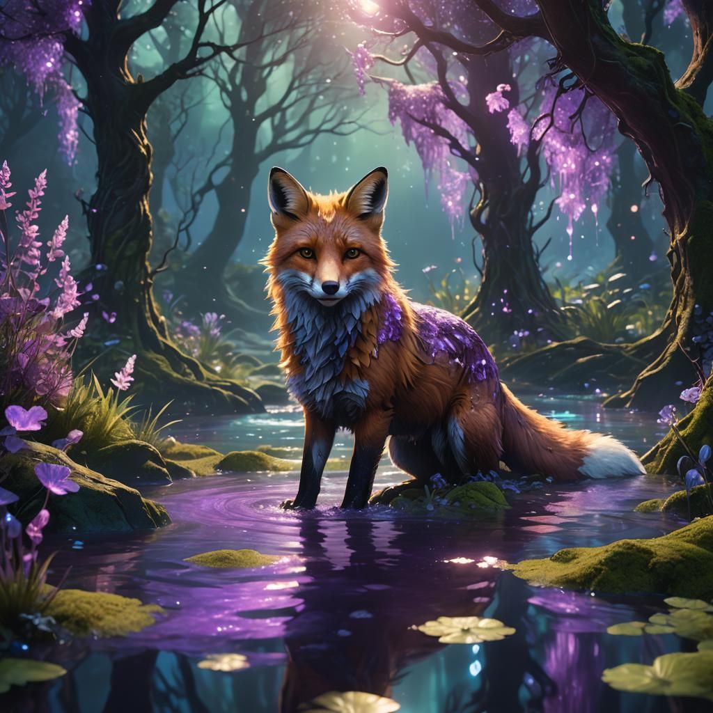 Enchanted Fox in Bioluminescent Forest Concept Art