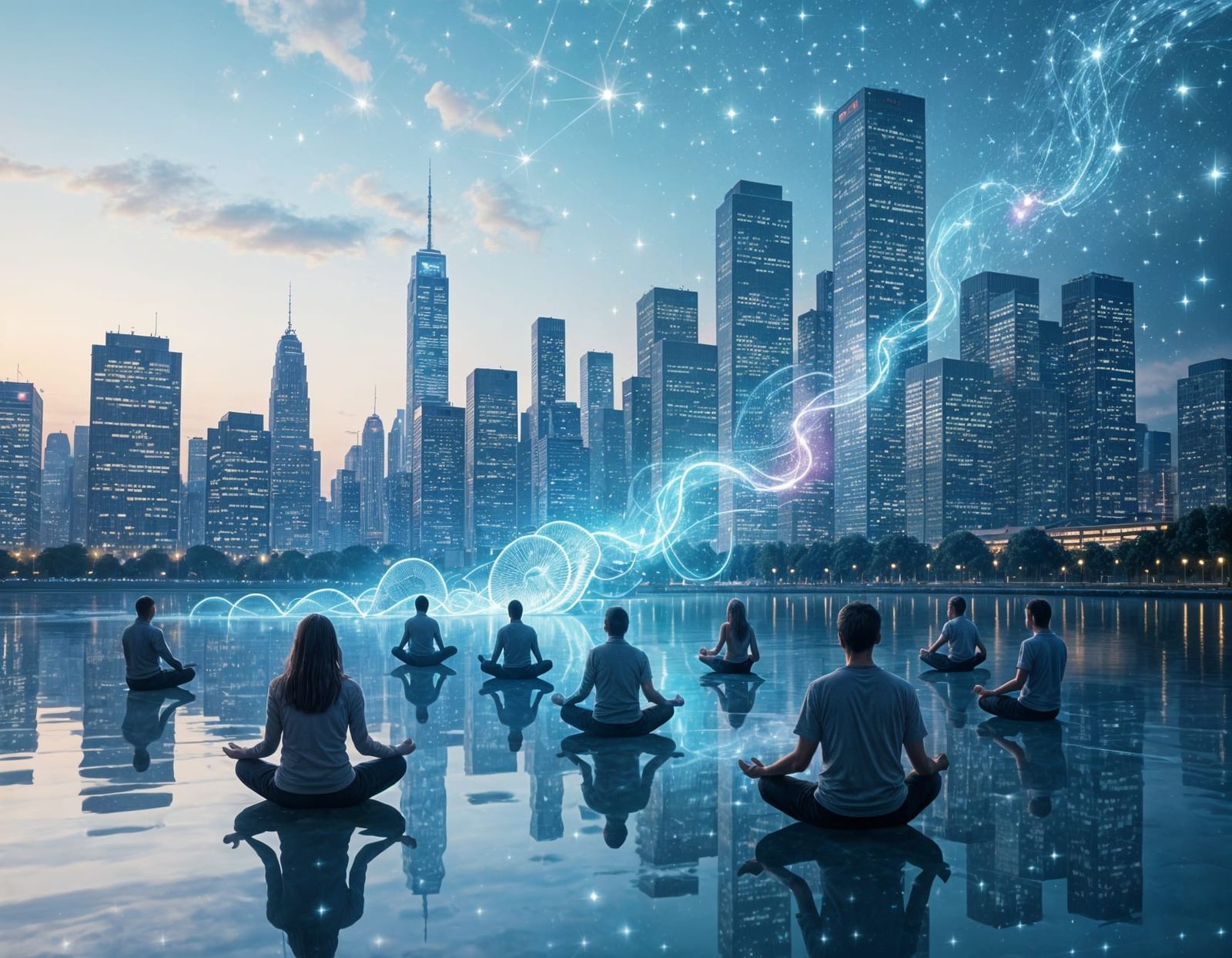 Surreal Cityscape Dissolving into Digital Light