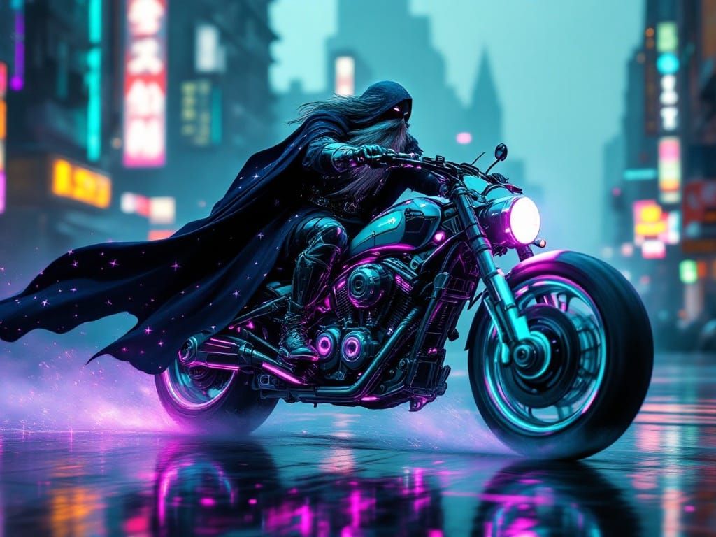 Wizard Rides Futuristic Motorcycle in Retro-Futuristic Citys...