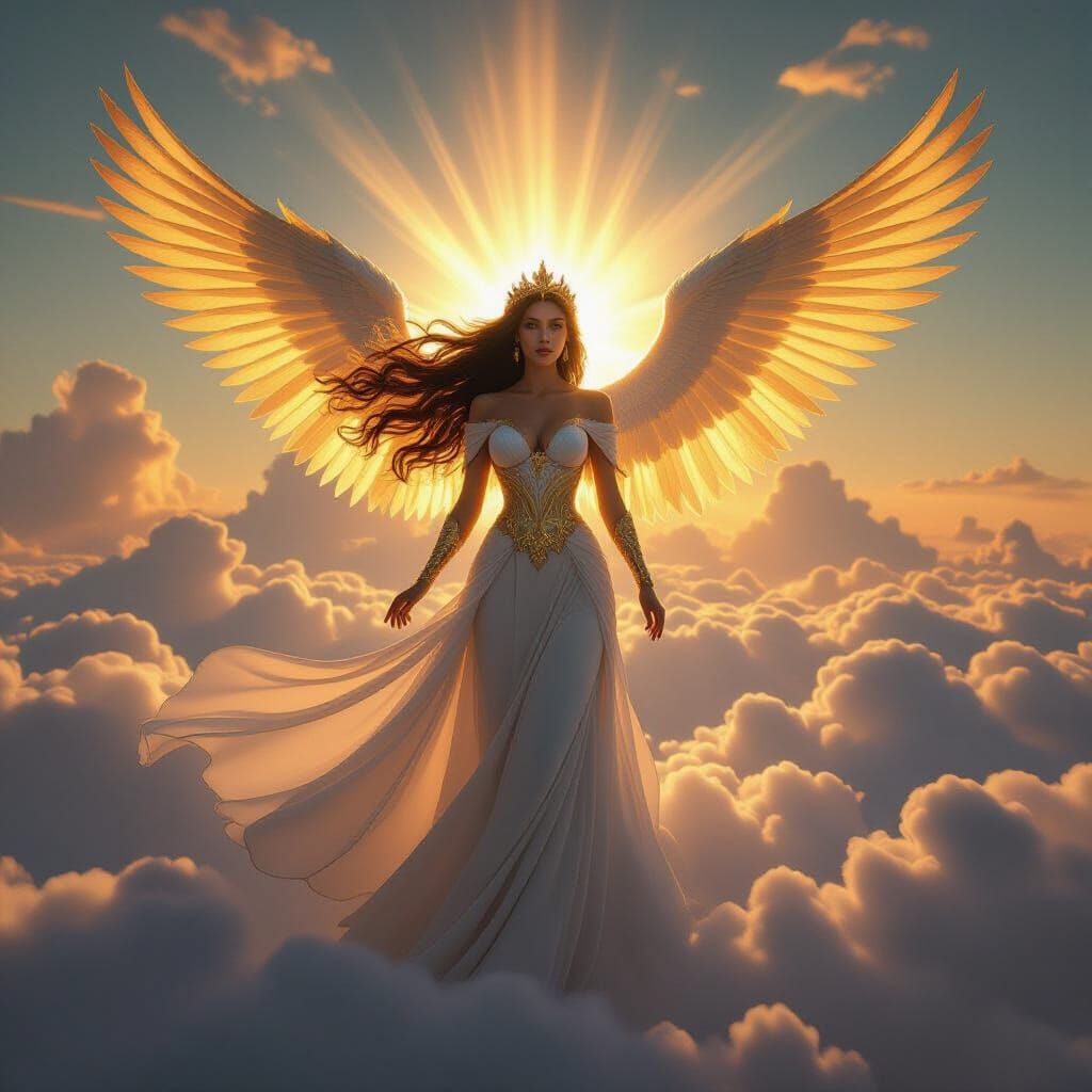 Celestial Queen Above Clouds With Golden Wings