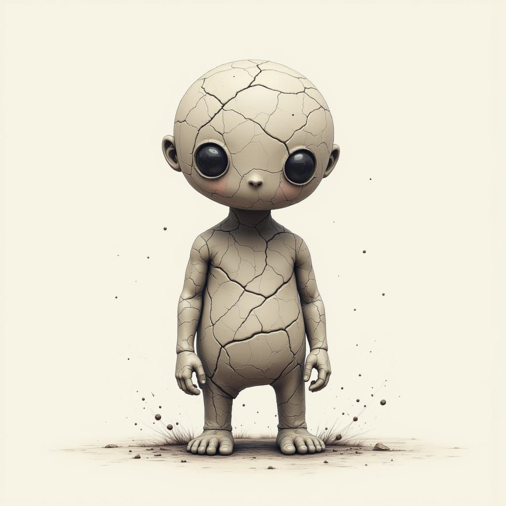 Cracked Clay Golem in Wabi-Sabi Ink Style