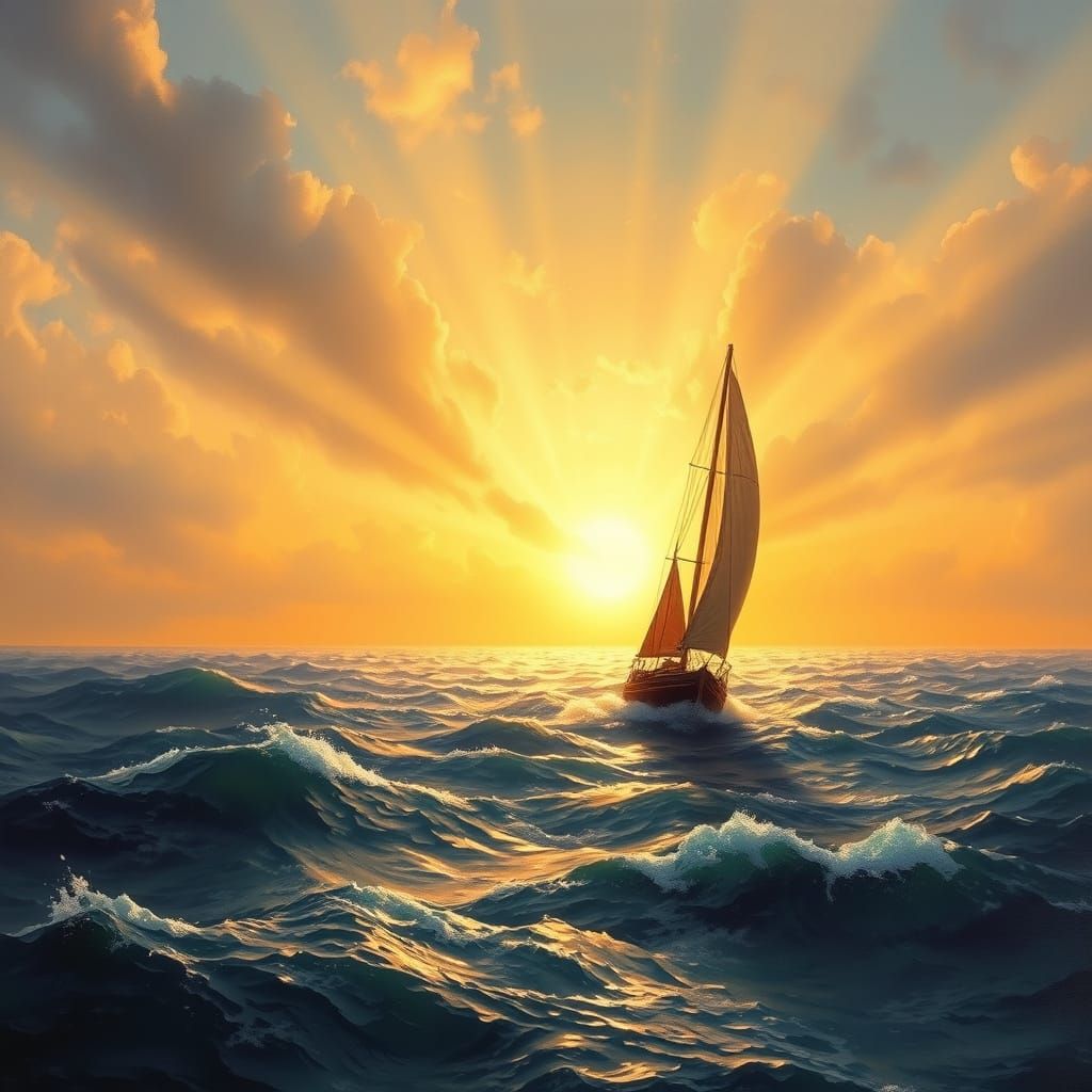 Sailboat Navigates Stormy Seas Towards Golden Sunset