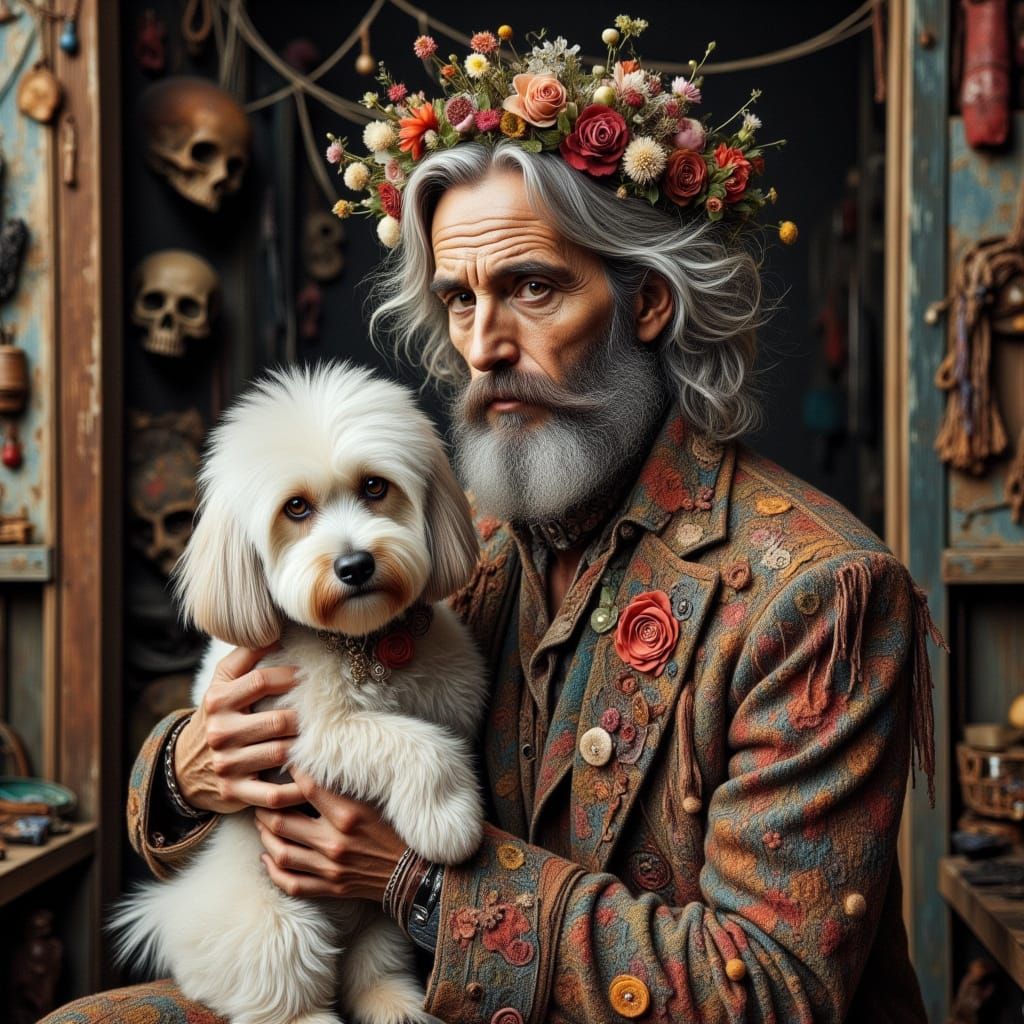 Exquisitely Beautiful Man Surrounded by Flowers and a Long-H...