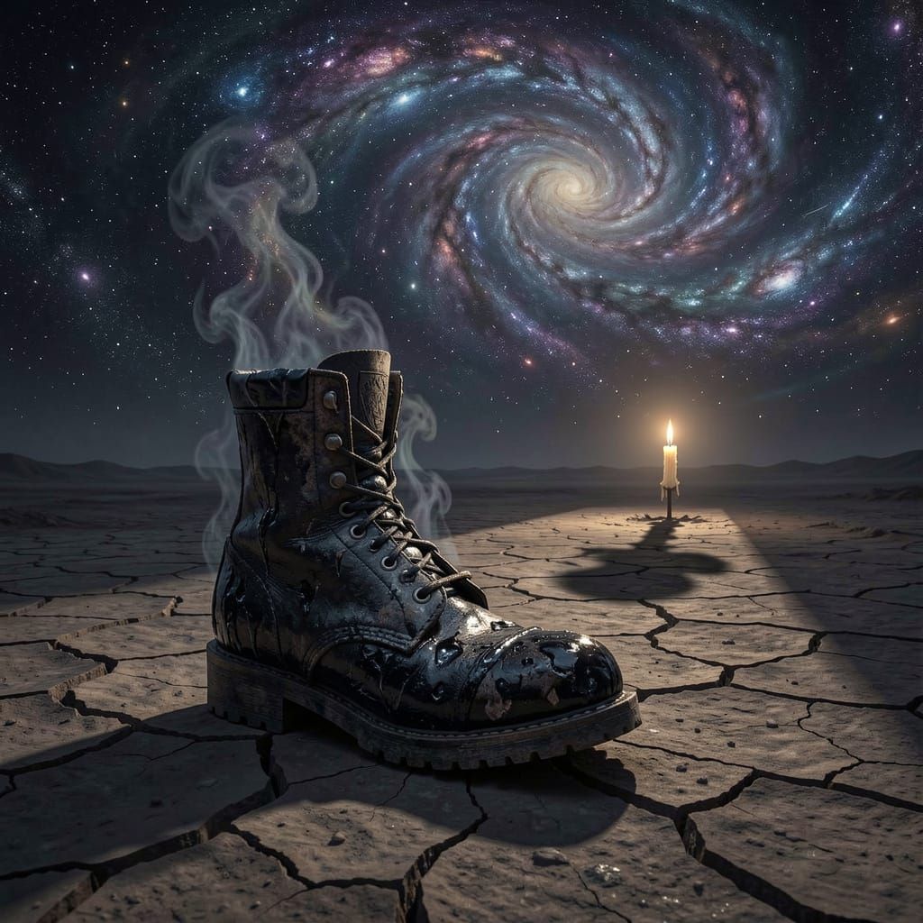 Surreal Obsidian Boot Under Cosmic Sky