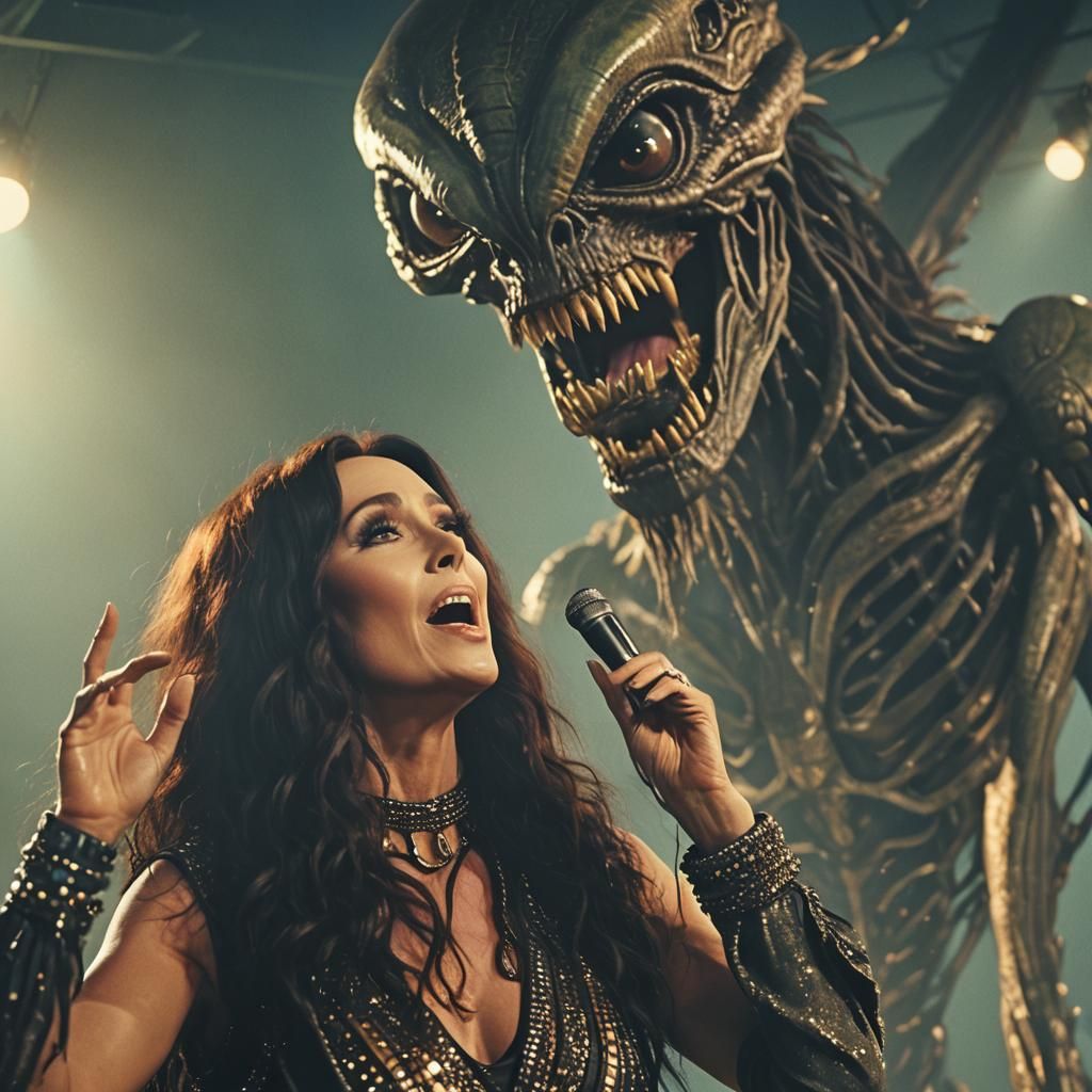 Cher and Bearded Alien Duet: Cinematic Still