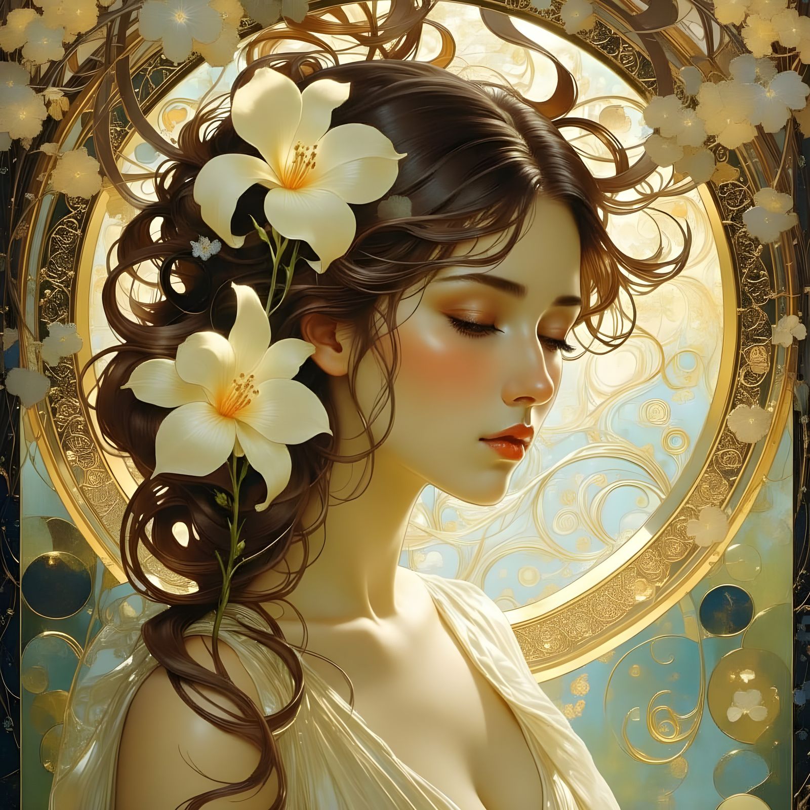 Ethereal Art Nouveau Woman with Flowing Hair and Flowers