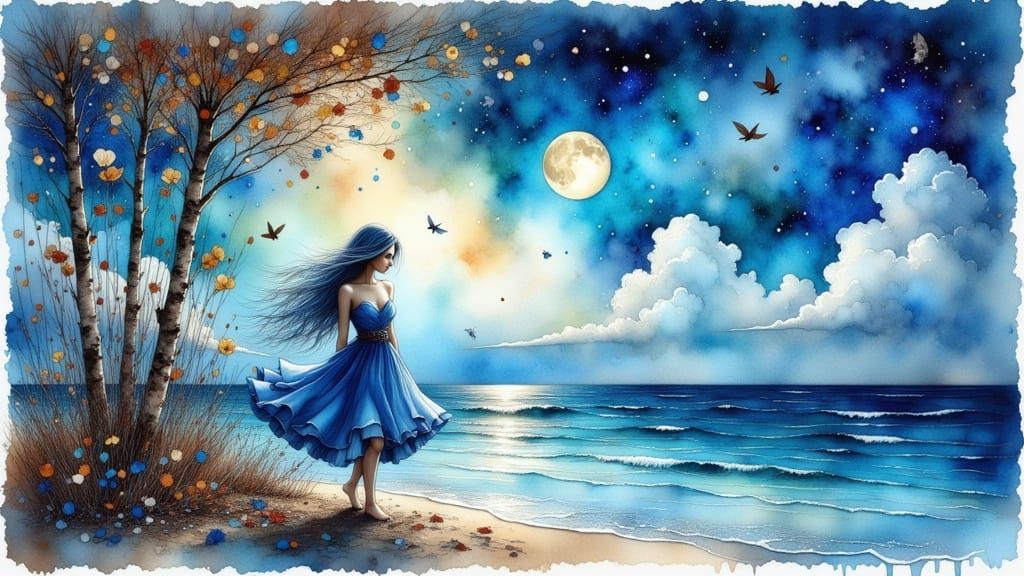 Midnight Bluebird Serenade in Whimsical Watercolor