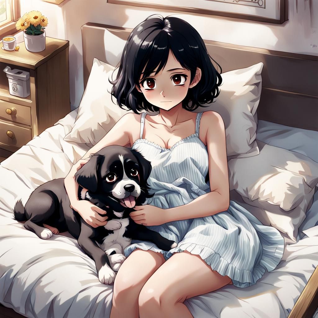 Anime Girl with Puppy on Bed
