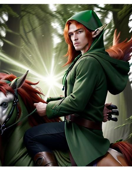 Elf Druid on Pegasus Soaring Through Forest