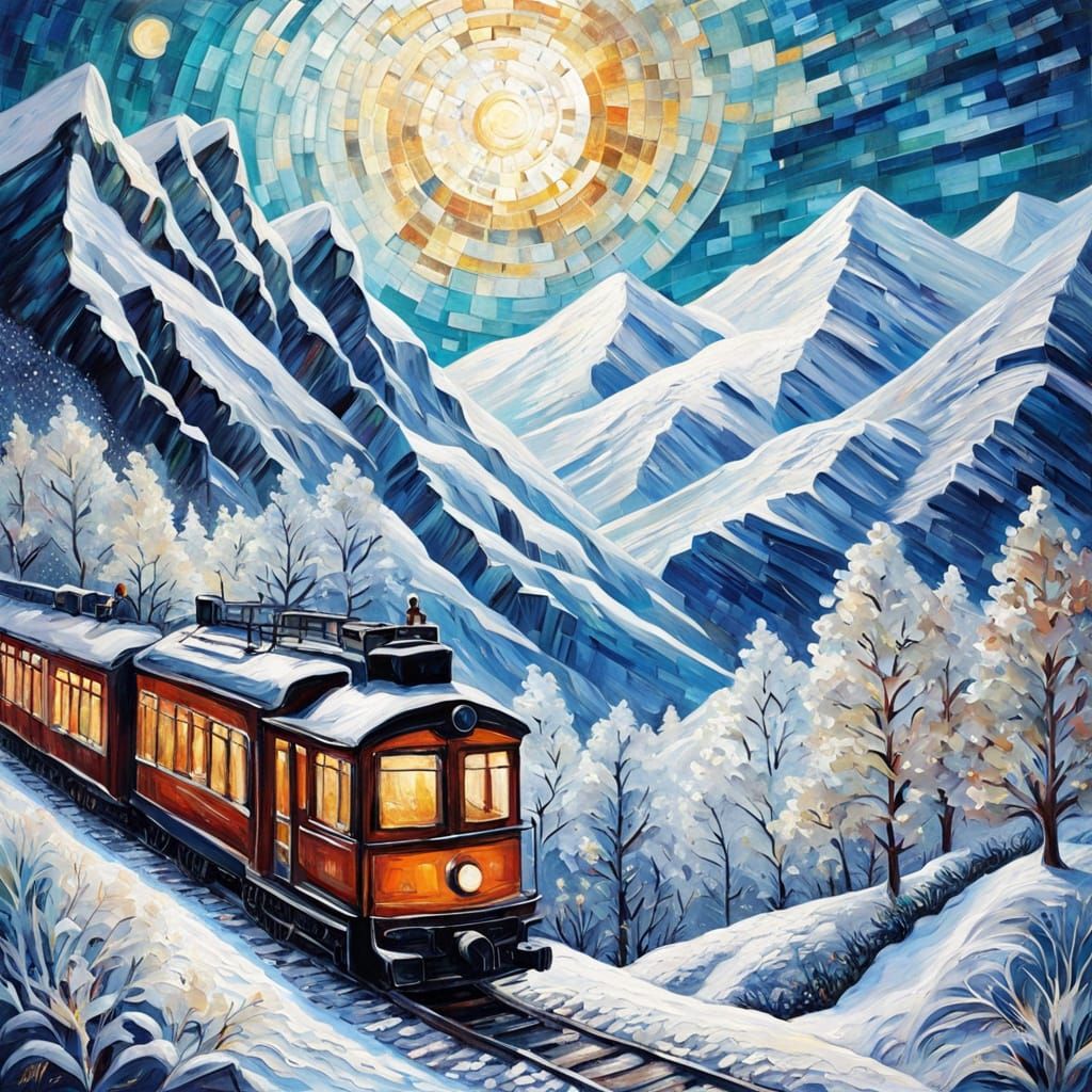 Expressive Locomotive on Icy Bridge in Moonlight