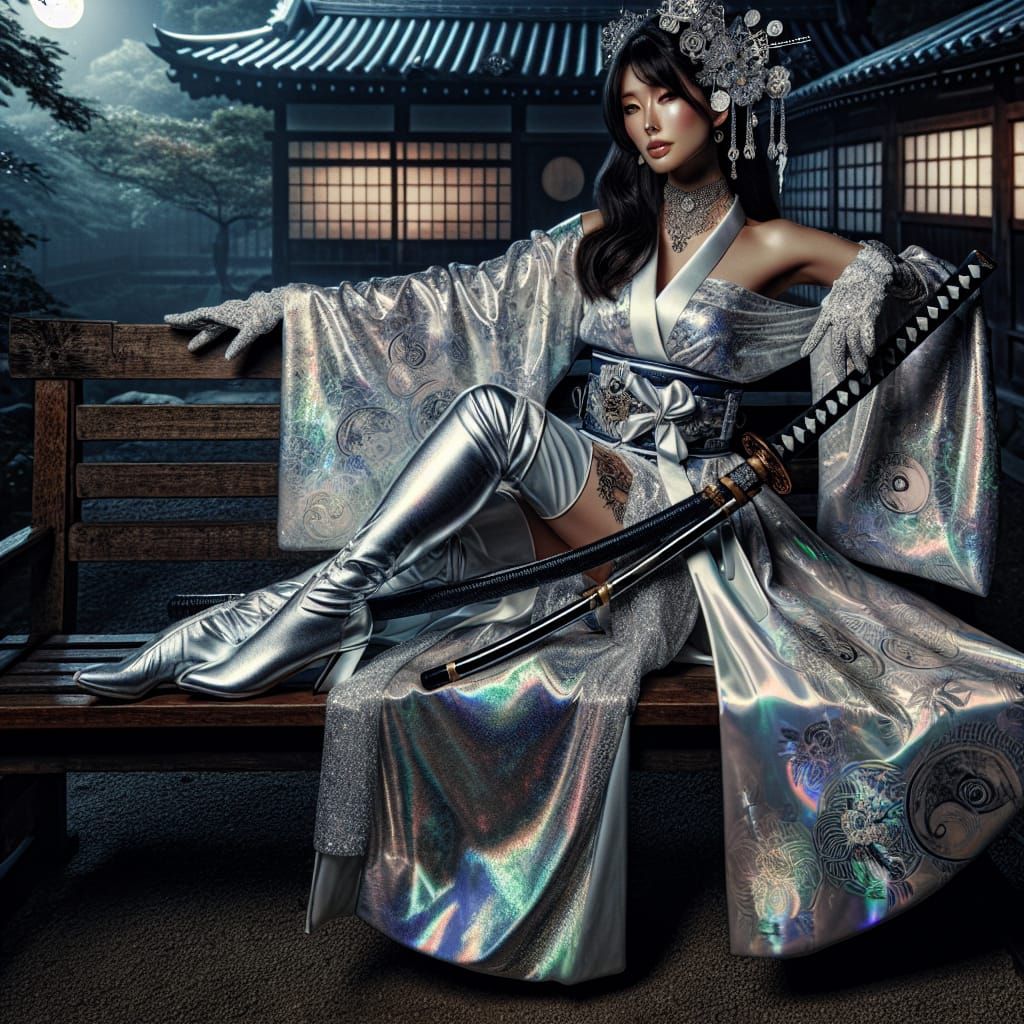 Graceful Samurai in Opulent Kimono in Romantic Landscape