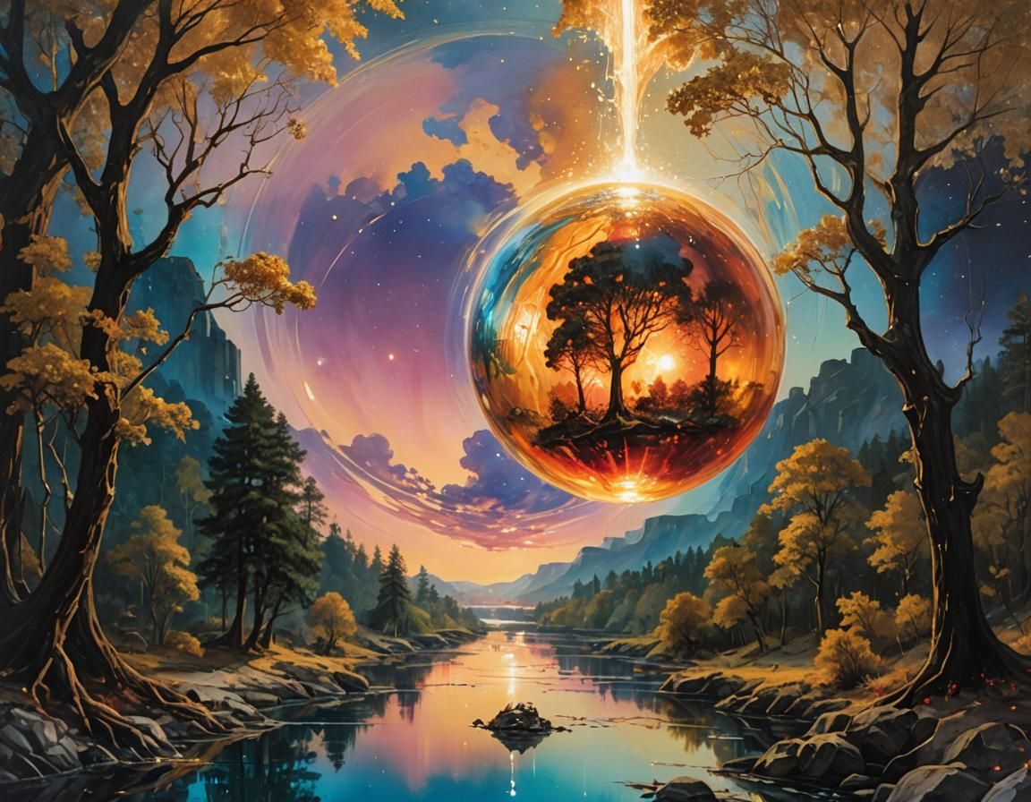 Fiery Planet Over Golden Landscape in Surreal Portrait