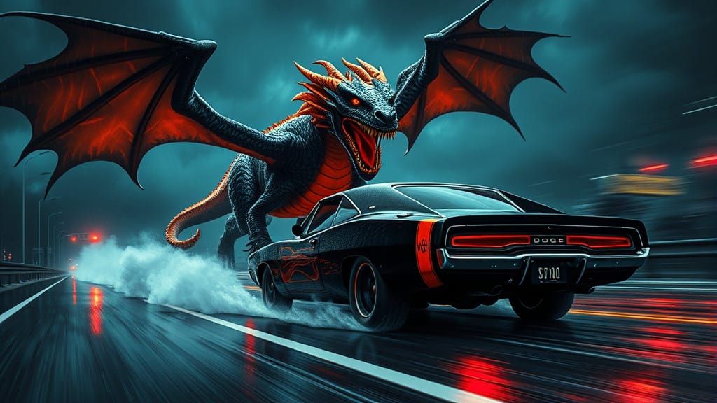 Sleek 1969 Dodge Charger Chased by Fiery Winged Dragon in Ne...