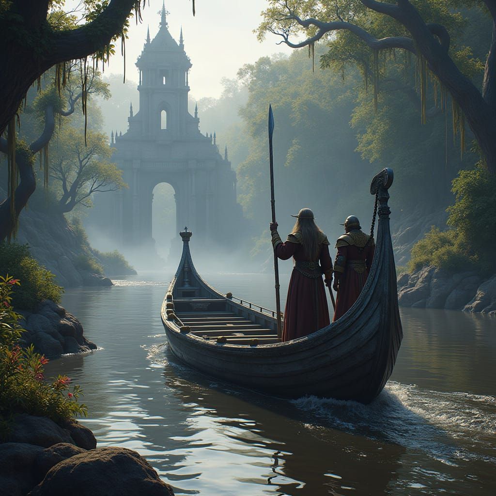 Medieval Riverboat Navigates Muddy Jungle River with Wizard...