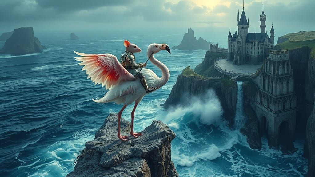 Mouse in Armor Rides Majestic Gemstone and Flamingo Over Cli...