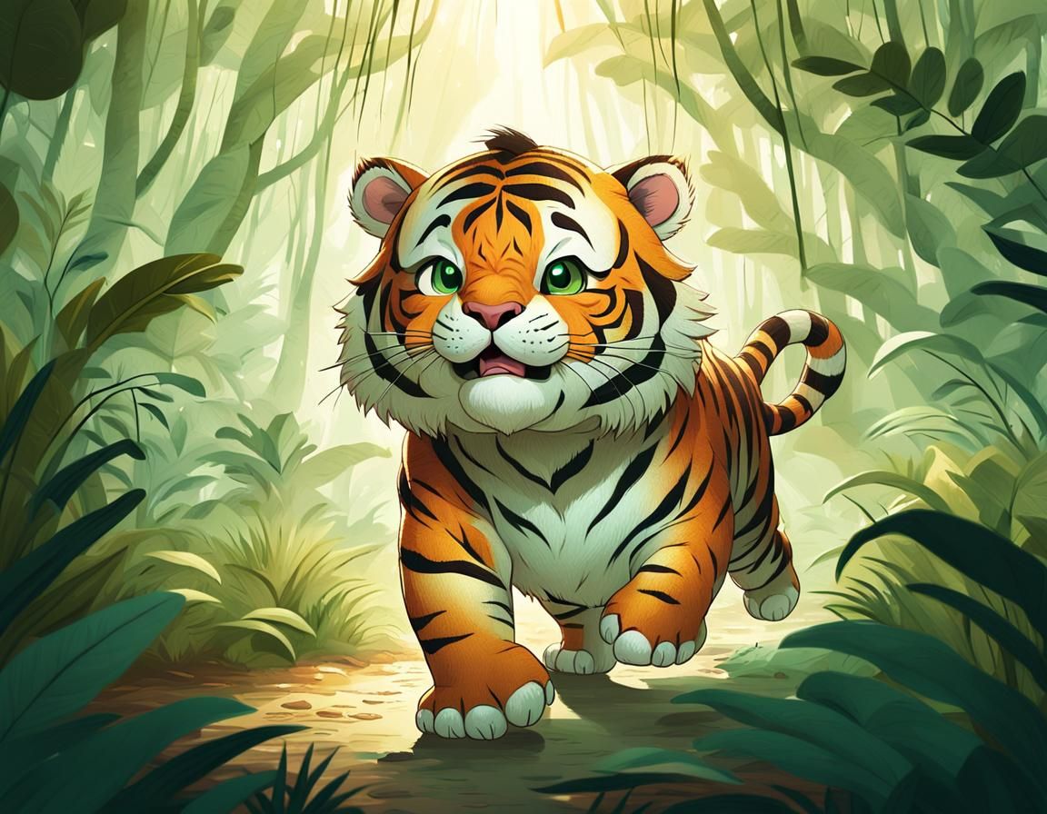Chubby Baby Tiger Cub Walking in Jungle Concept Art