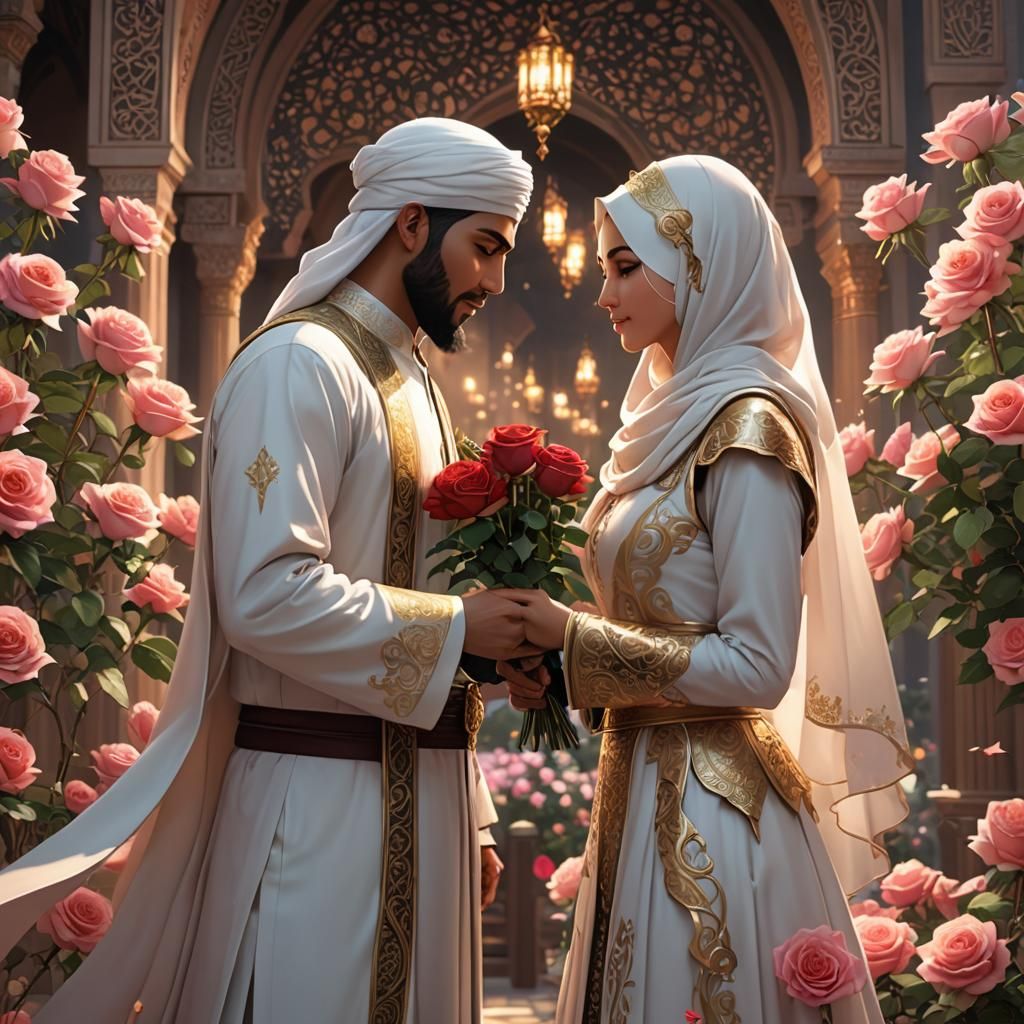 Romantic Muslim Couple in Anime Style