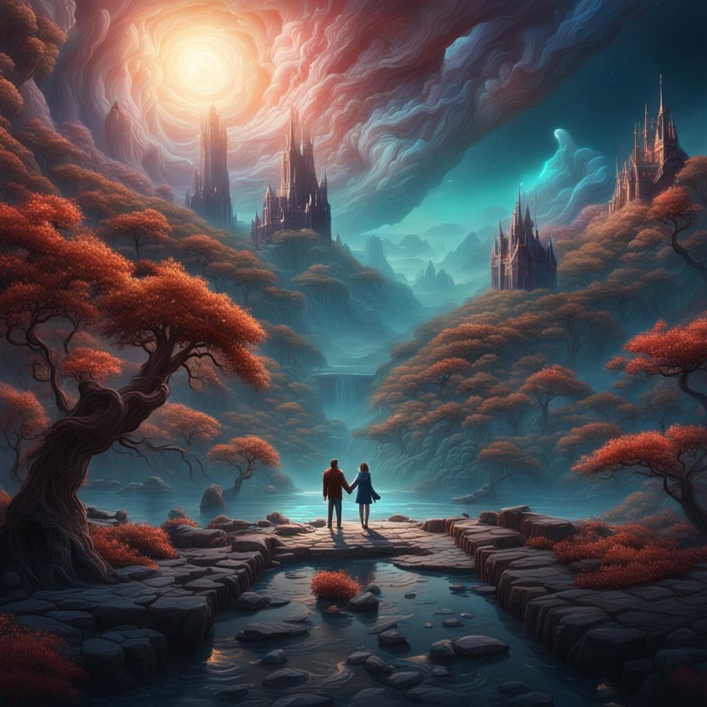 Dreamscape Couple Reach in Fantasy Concept Art