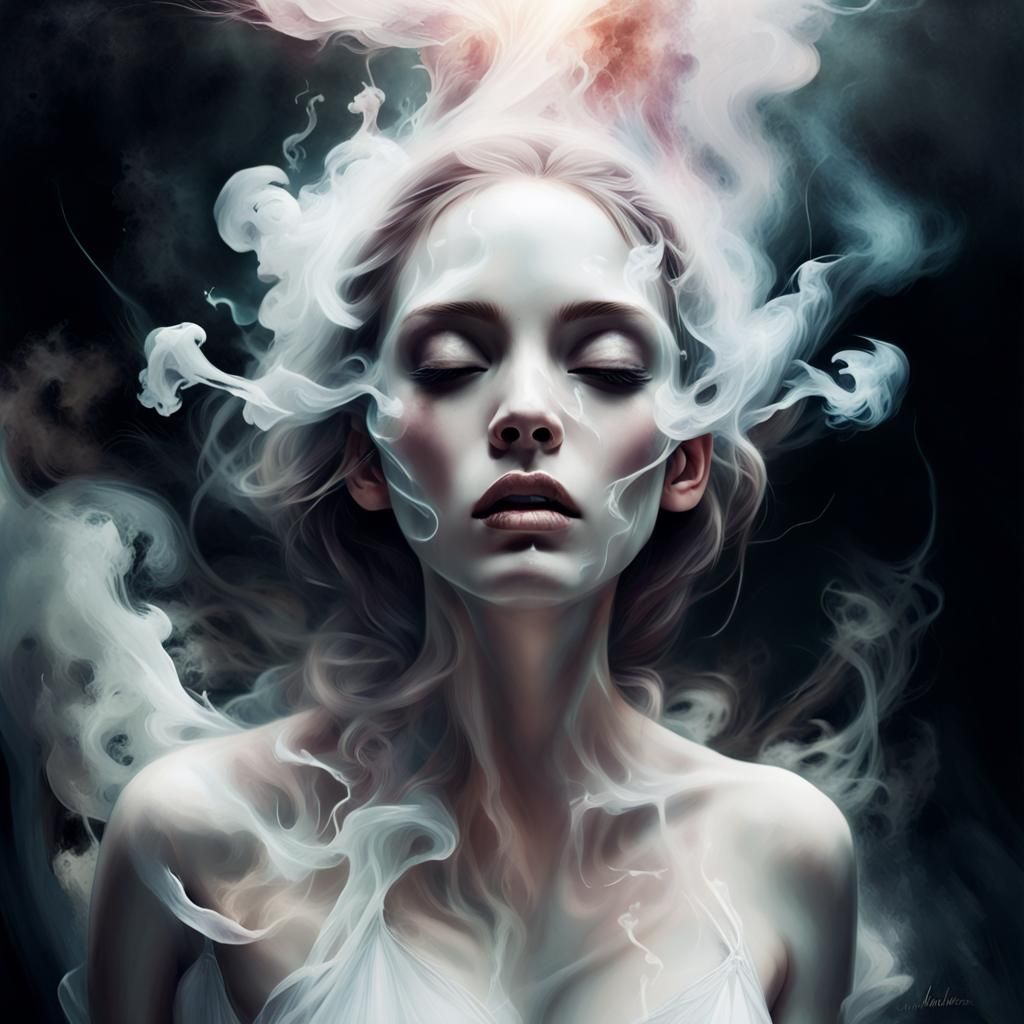White smoke artistically takes the form of a translucent all...