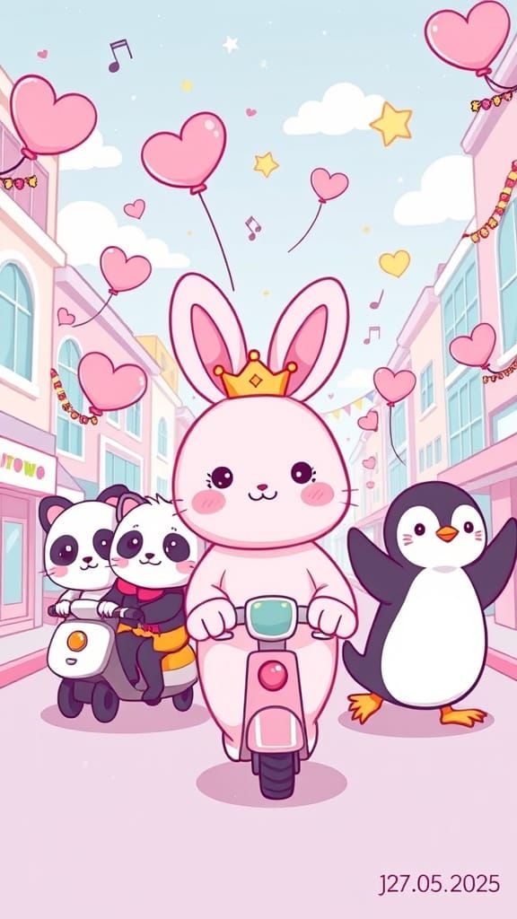 Kawaii Animal Parade in Pastel City Street