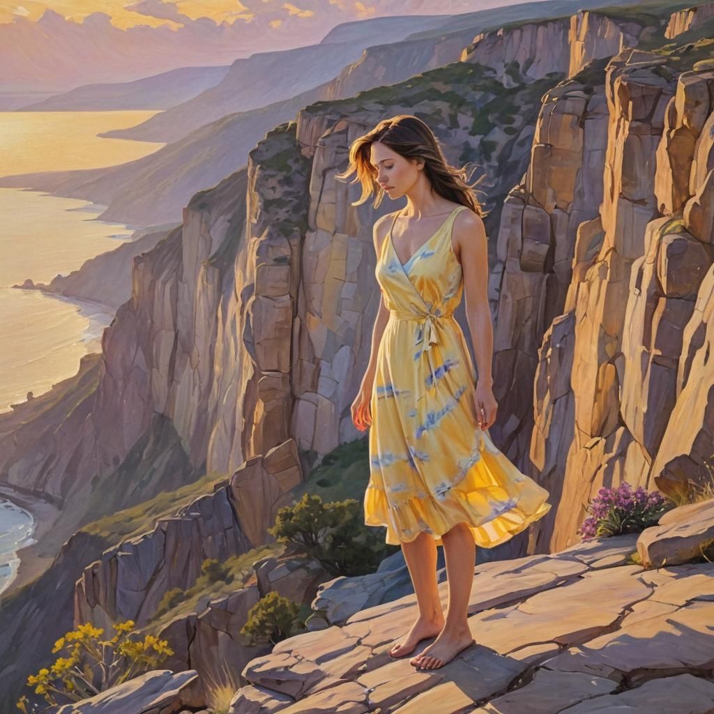 Woman on Cliff at Sunset in Oil Painting
