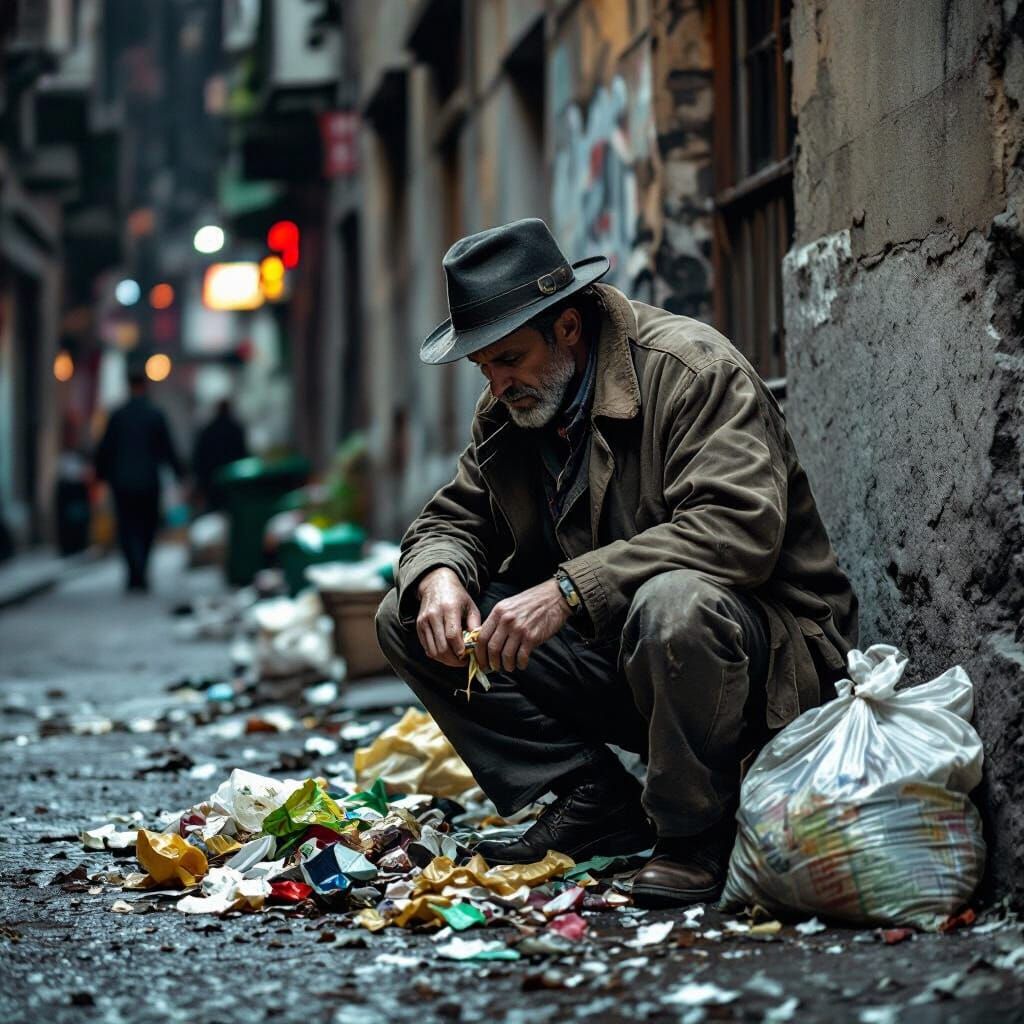 Homeless Man Eating Garbage in Dark Street