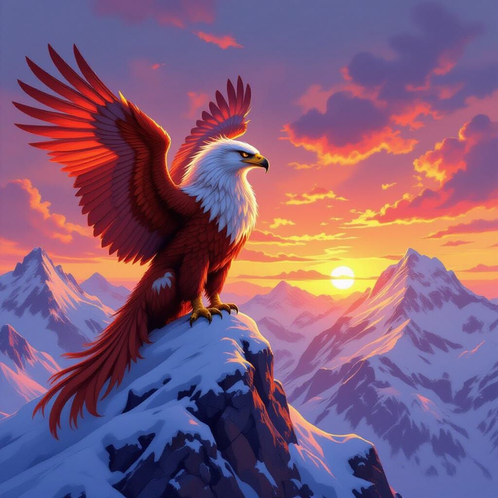 Fiery Griffin Perched on Snow Mountain at Sunset