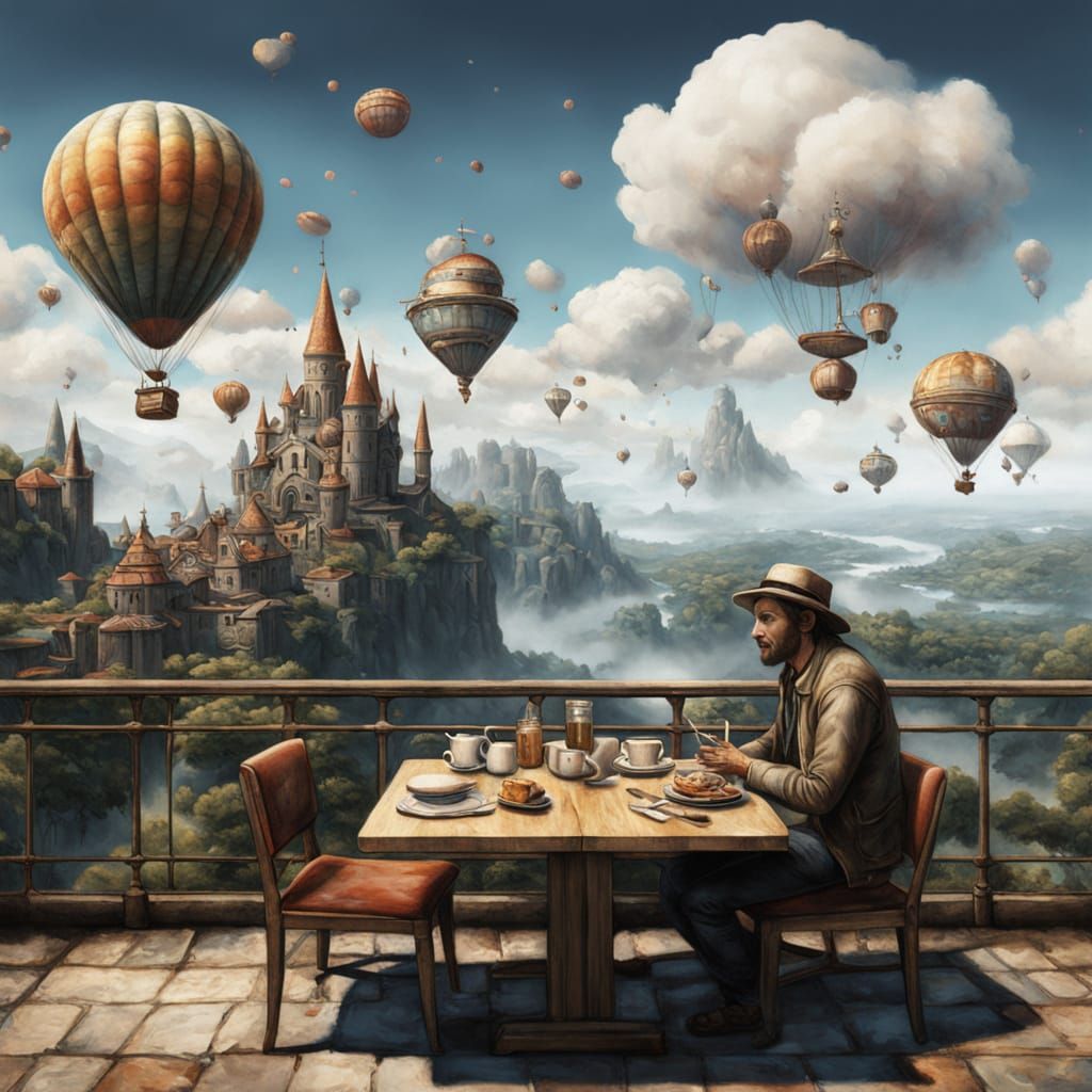Surreal Cafe Scene with Whimsical Cloud
