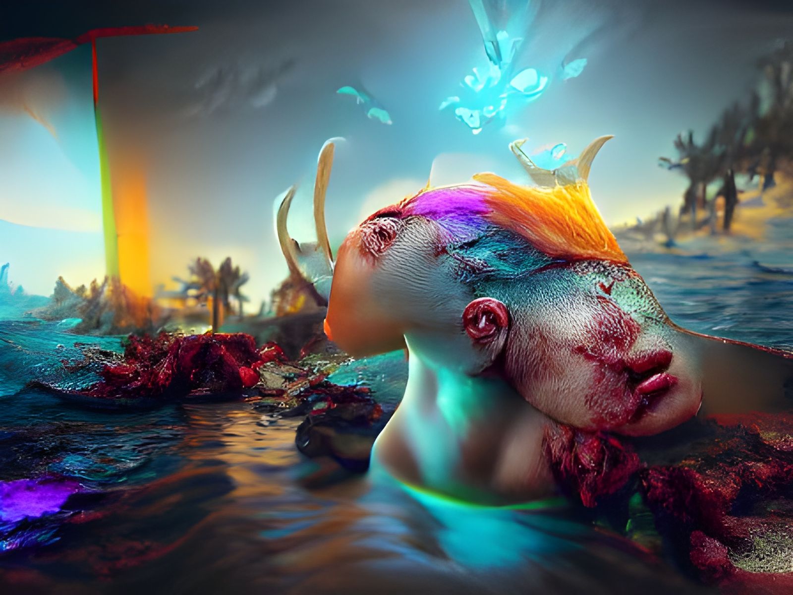 Surreal Head Merging Into Ocean, Digital Illustration